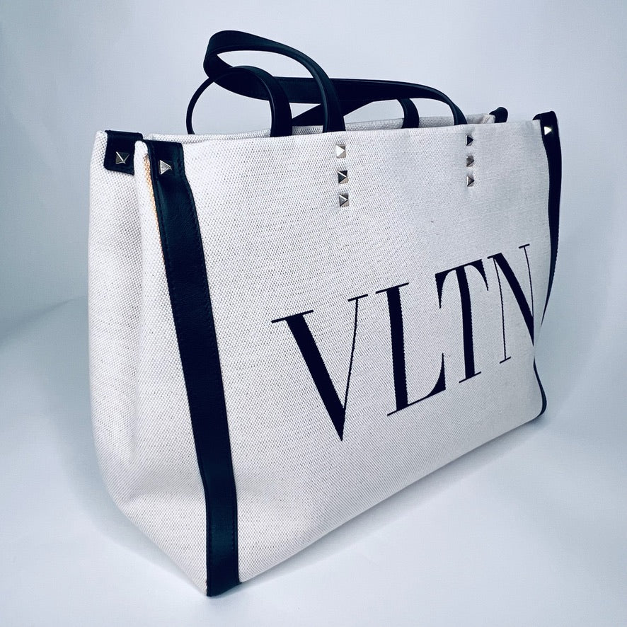VALENTINO Borsa in canvas naturale con profili neri