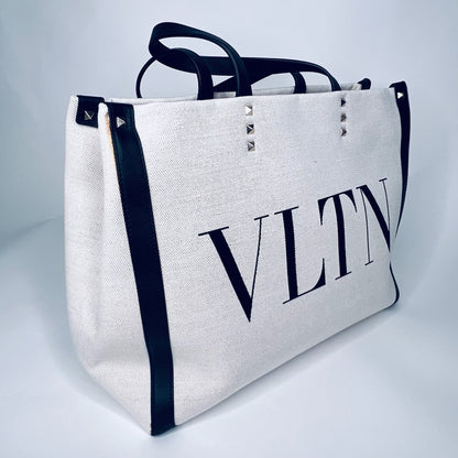 VALENTINO Borsa in canvas naturale con profili neri
