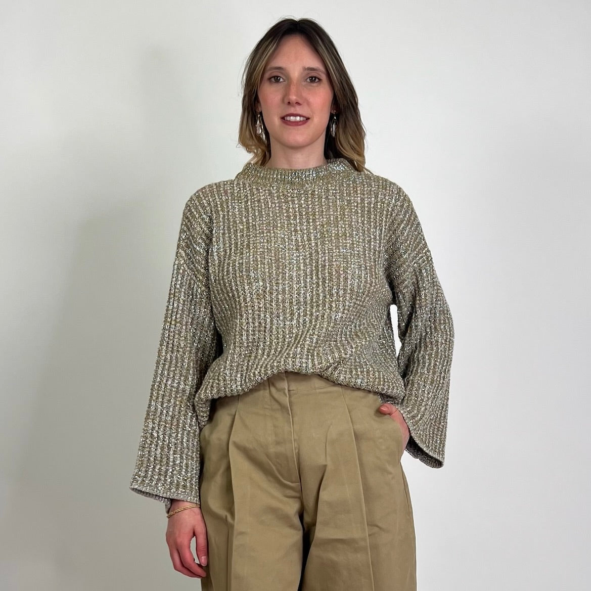 FORTE FORTE Maglione tortora con filo lamè argento