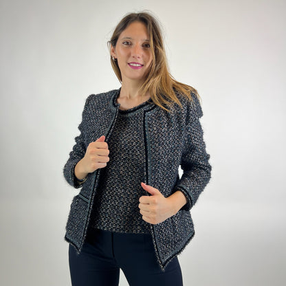 ALBINO MORETTI Completo giacca e top in tessuto bouclé blu e nero