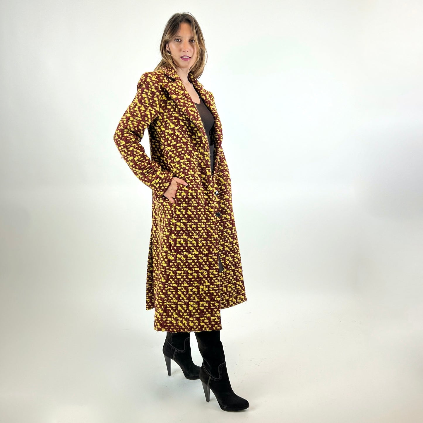 CHRISTIAN DIOR Cappotto bouclè mattone e giallo con spacchi