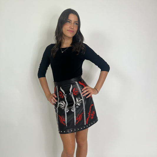 DROME Gonna in pelle nera ricamata bianca e rossa