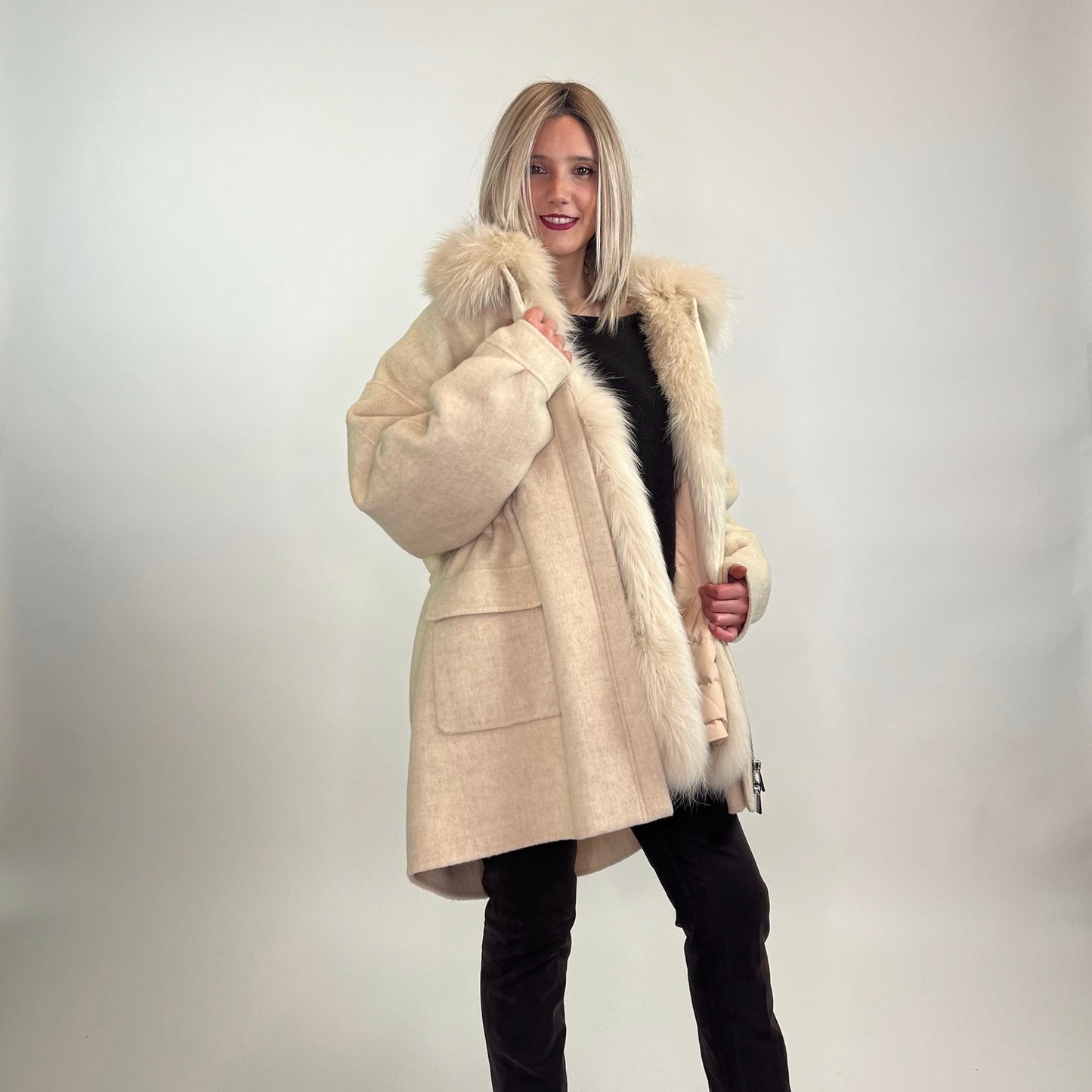 MAX & MOI Giaccone panna con piumino con pelo staccabile