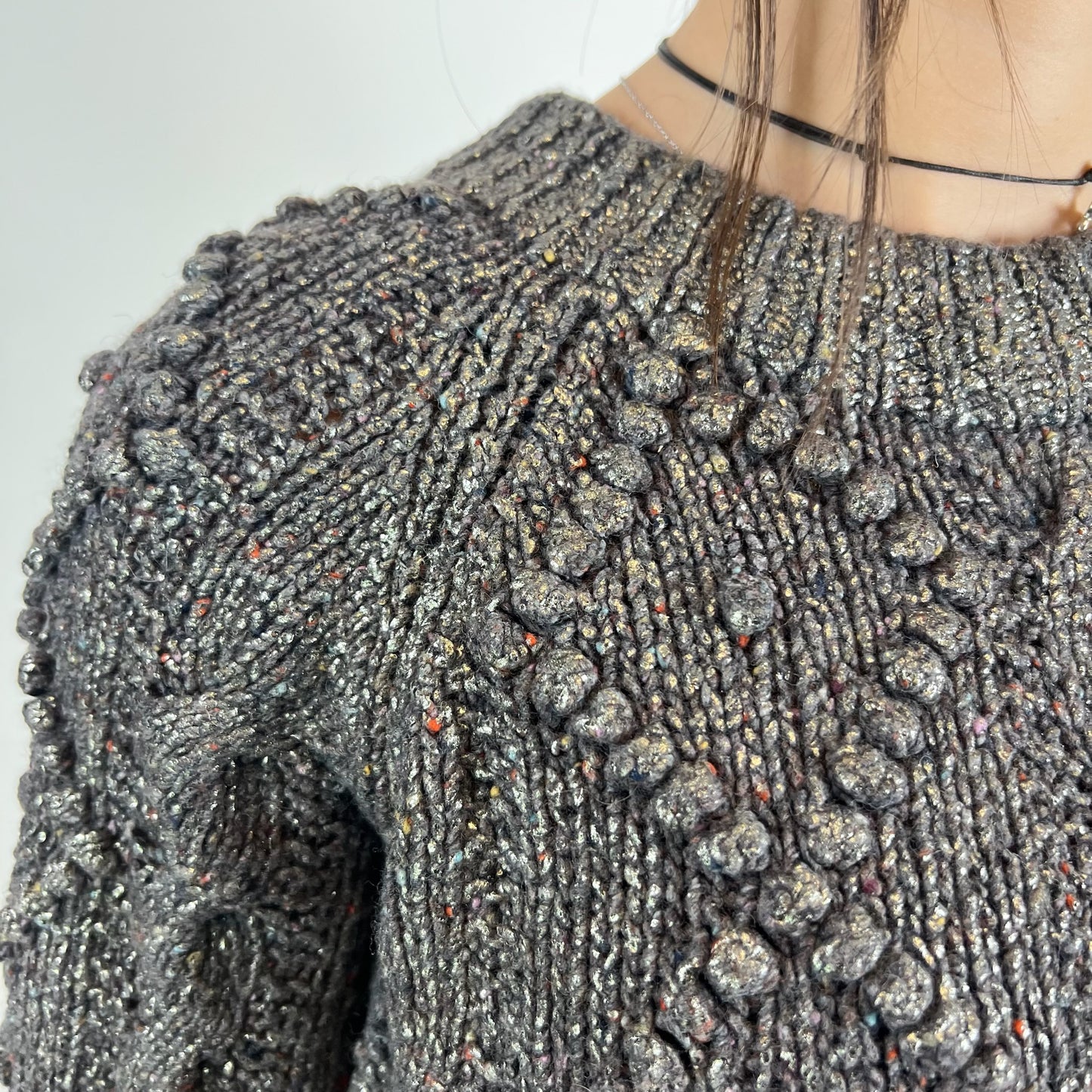 TORY BURCH Maglione grigio marrone melange con rombi e trecce