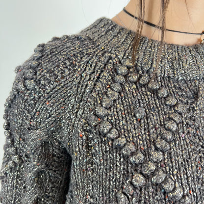 TORY BURCH Maglione grigio marrone melange con rombi e trecce