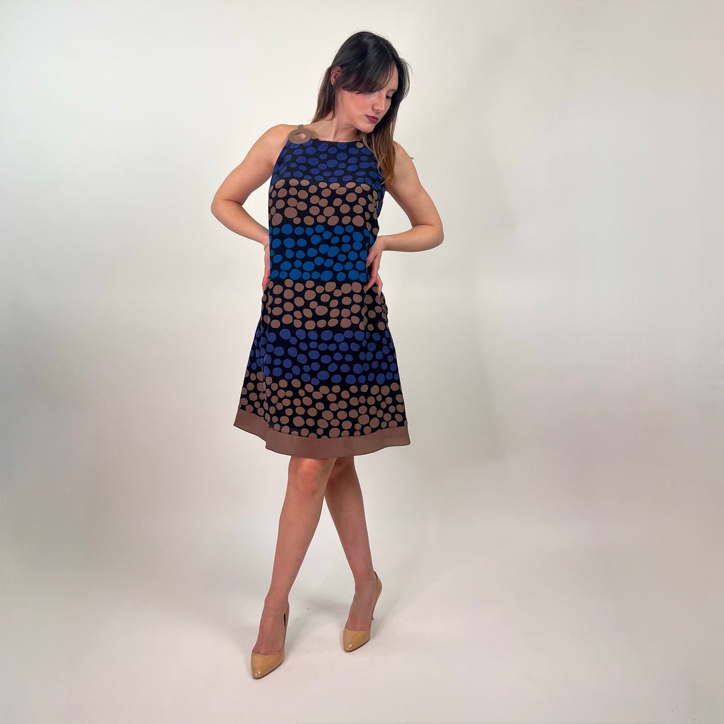 LORO PIANA Abito in seta pois blu e tabacco