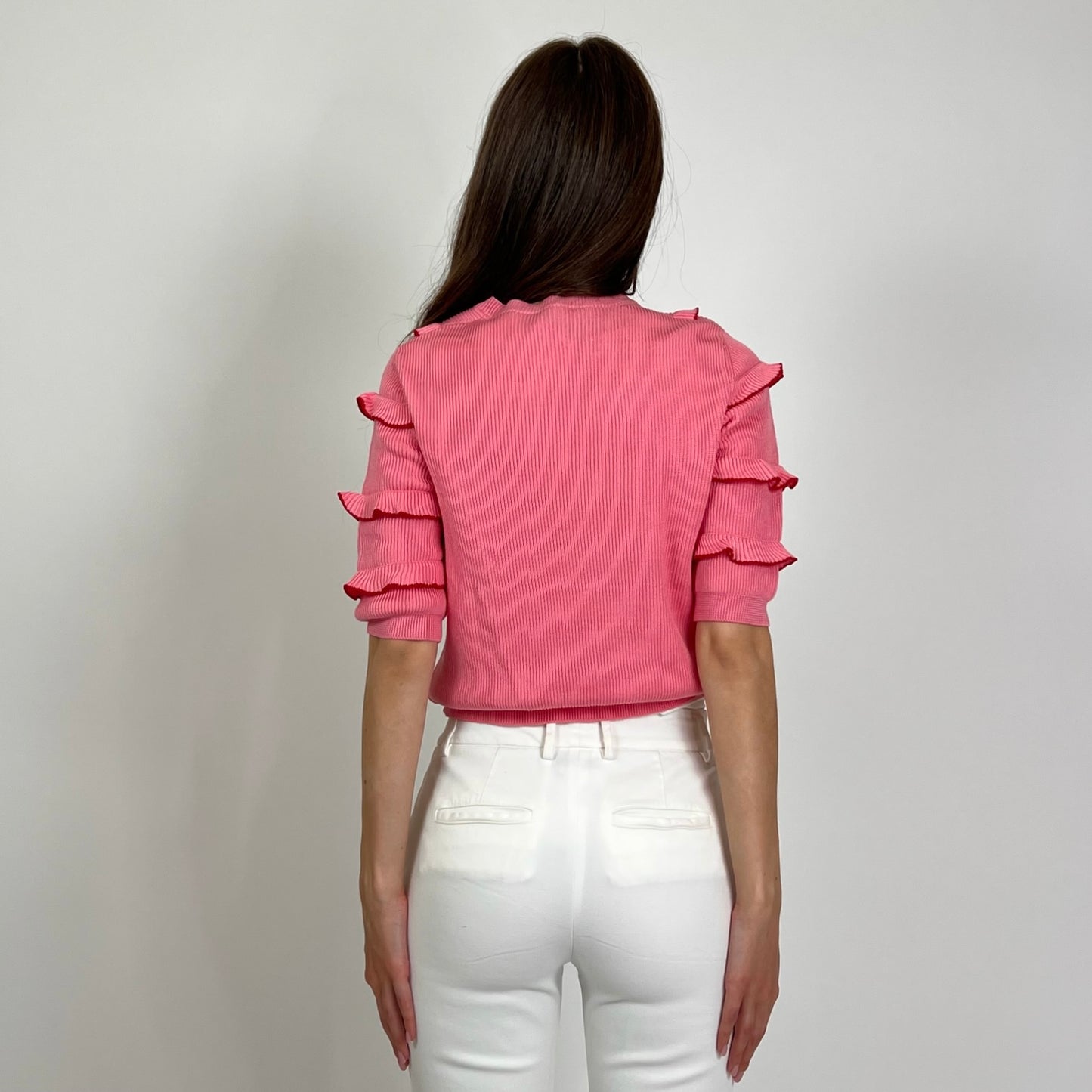 VALENTINO Maglia rosa manica corta con rush con profilo rosso