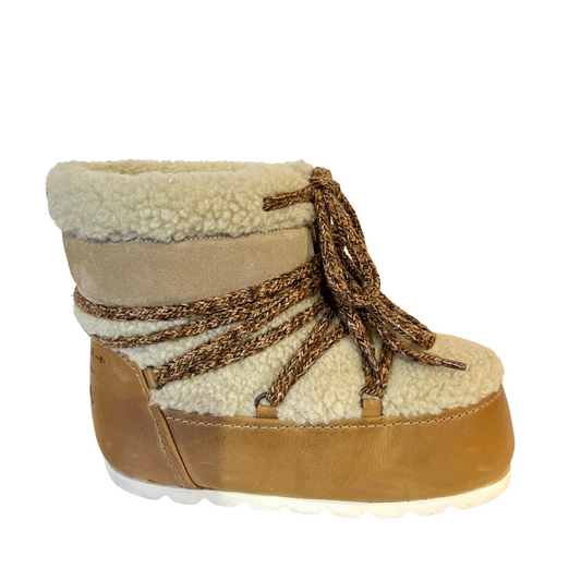 Moon boots basso color cuoio con montone e stringa sui toni del marrone