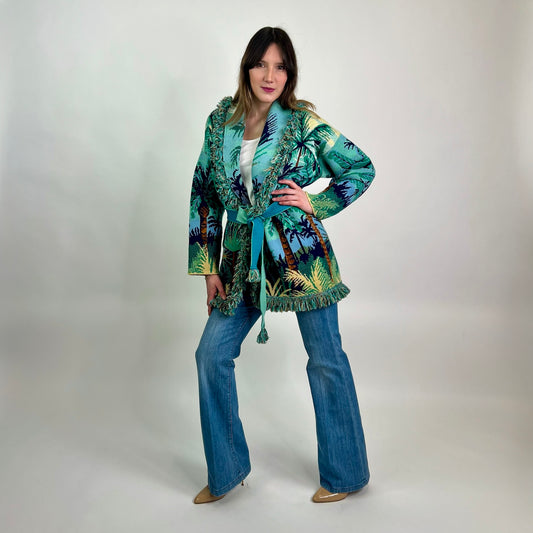 ALANUI Cardigan lungo in cashmere stampa palme turchese