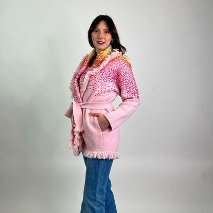 ALANUI Cardigan lungo rosa sfrangiato con paillettes sfumate 