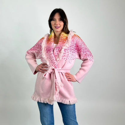 ALANUI Cardigan lungo rosa sfrangiato con paillettes sfumate 