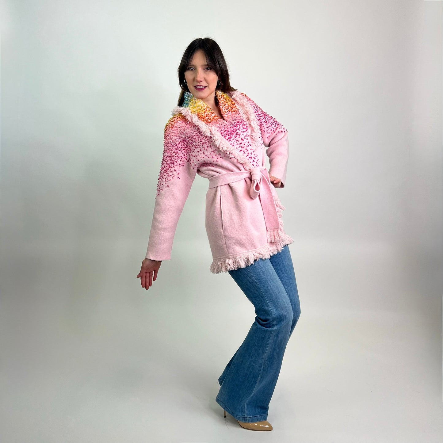 ALANUI Cardigan lungo rosa sfrangiato con paillettes sfumate 