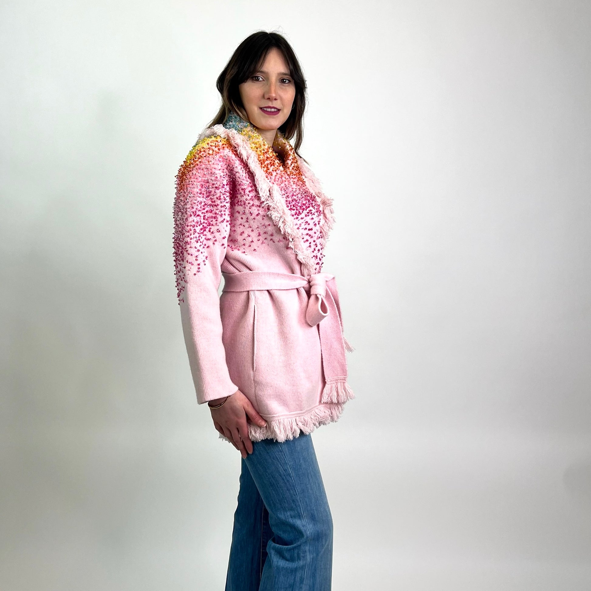 ALANUI Cardigan lungo rosa sfrangiato con paillettes sfumate 