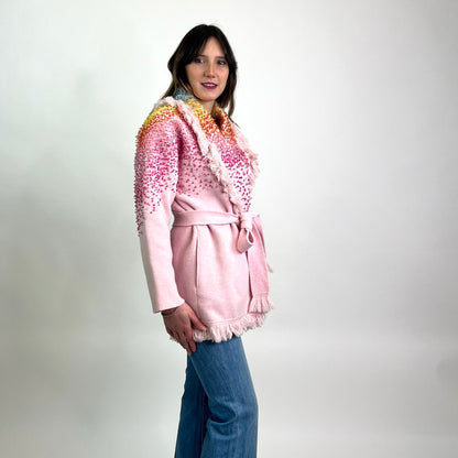 ALANUI Cardigan lungo rosa sfrangiato con paillettes sfumate 