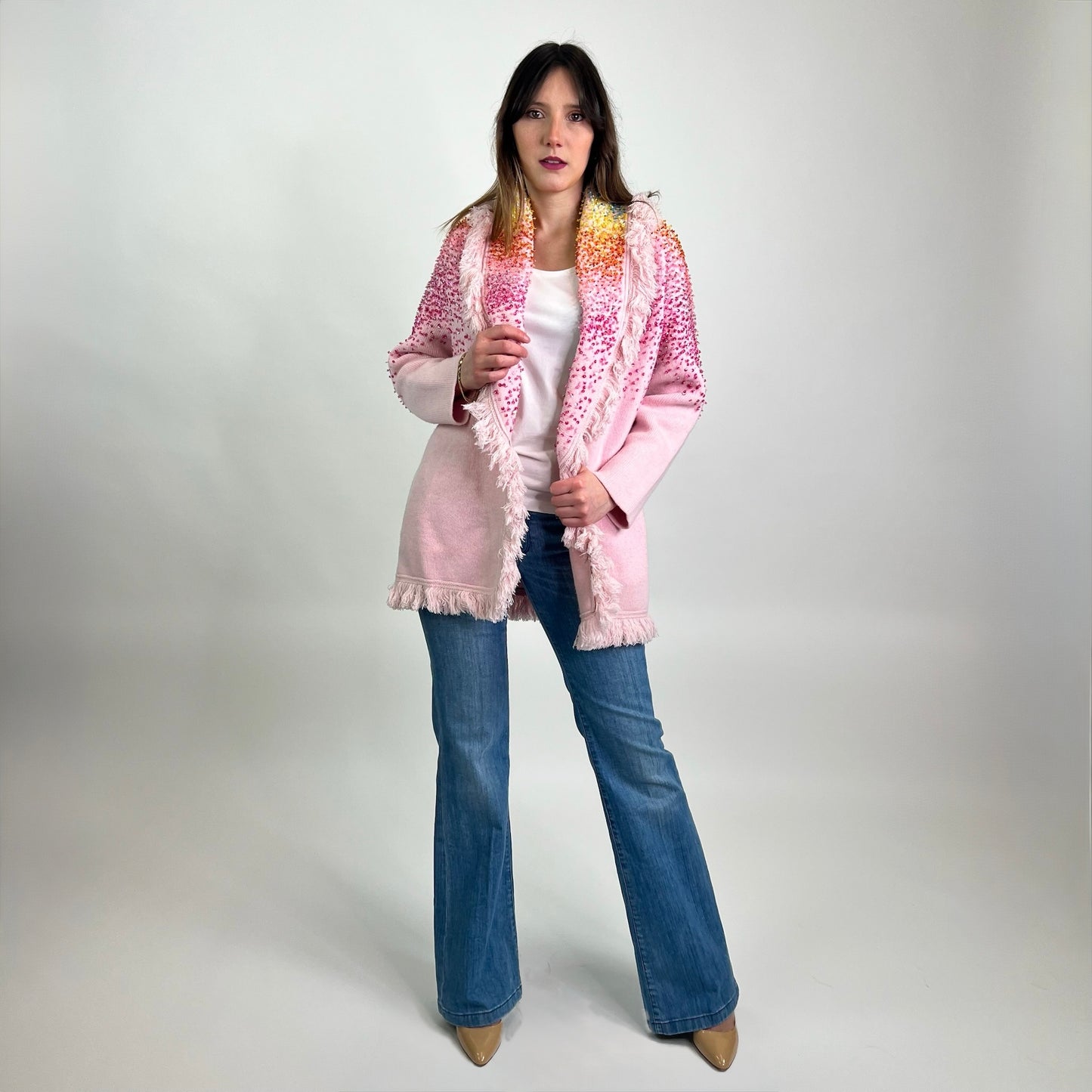 ALANUI Cardigan lungo rosa sfrangiato con paillettes sfumate 