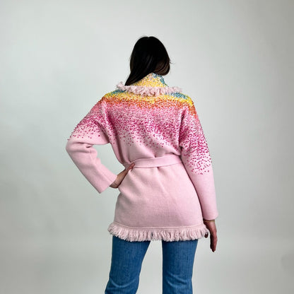 ALANUI Cardigan lungo rosa sfrangiato con paillettes sfumate 