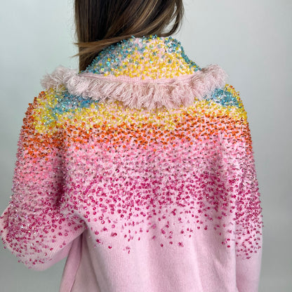 ALANUI Cardigan lungo rosa sfrangiato con paillettes sfumate 