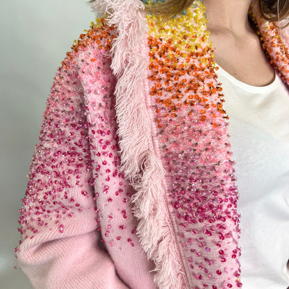 ALANUI Cardigan lungo rosa sfrangiato con paillettes sfumate 