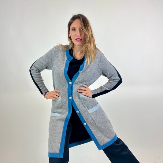 ALBINO MORETTI Cardigan lungo in cashmere grigio azzurro e nero