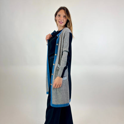 ALBINO MORETTI Cardigan lungo in cashmere grigio azzurro e nero