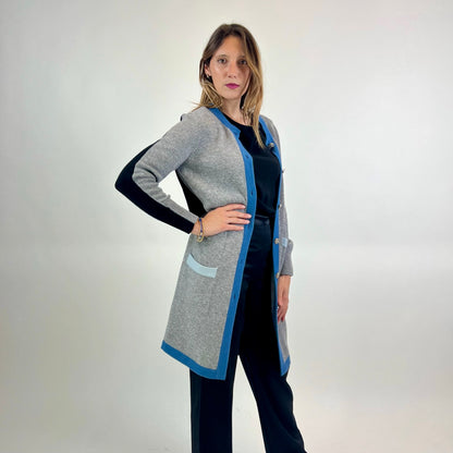 ALBINO MORETTI Cardigan lungo in cashmere grigio azzurro e nero