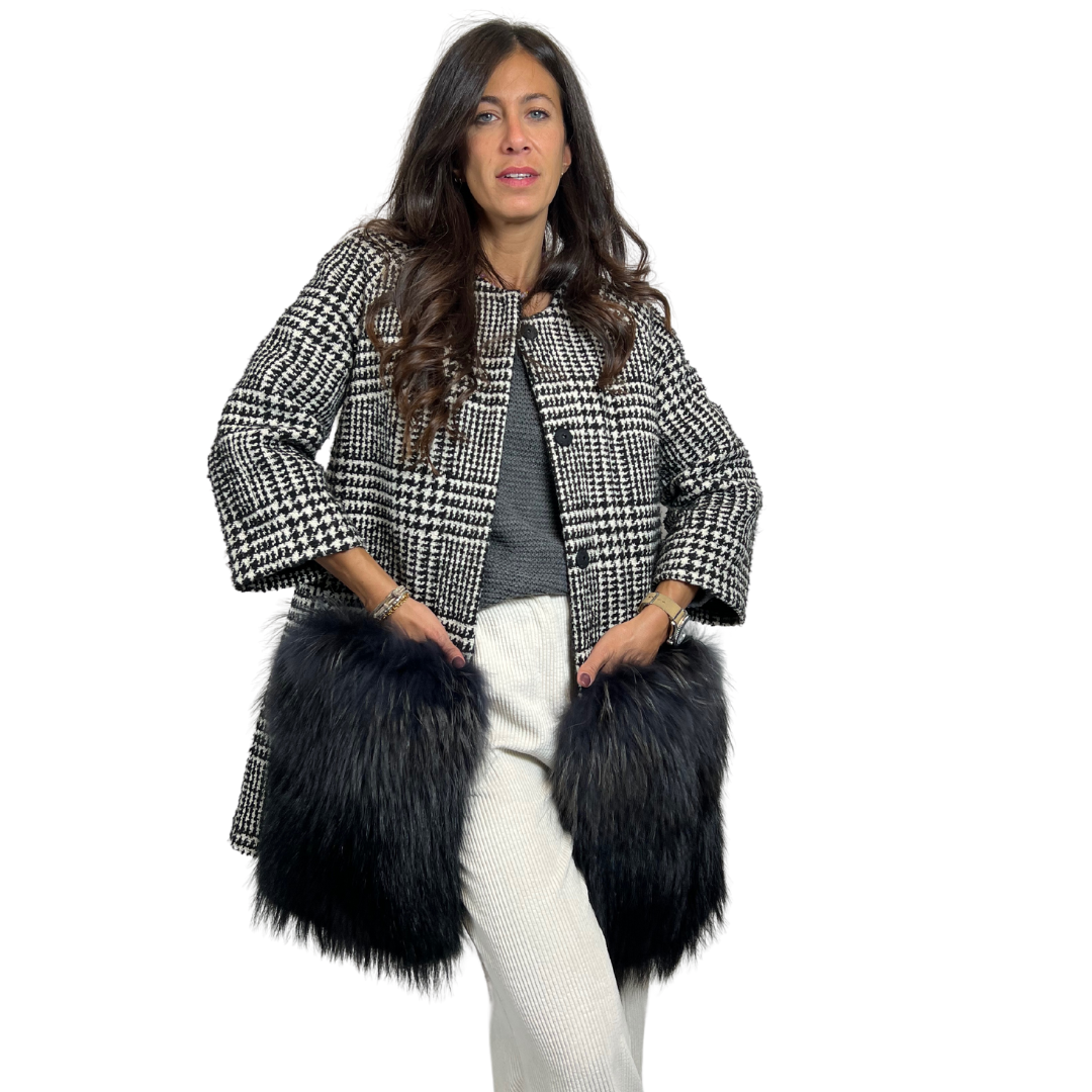 AVA ADORE Cappotto in prince de galles con tasconi in pelliccia