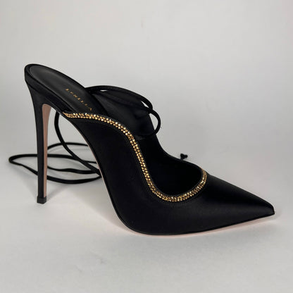 LE SILLA Décolleté a sabot in raso nero con strass oro