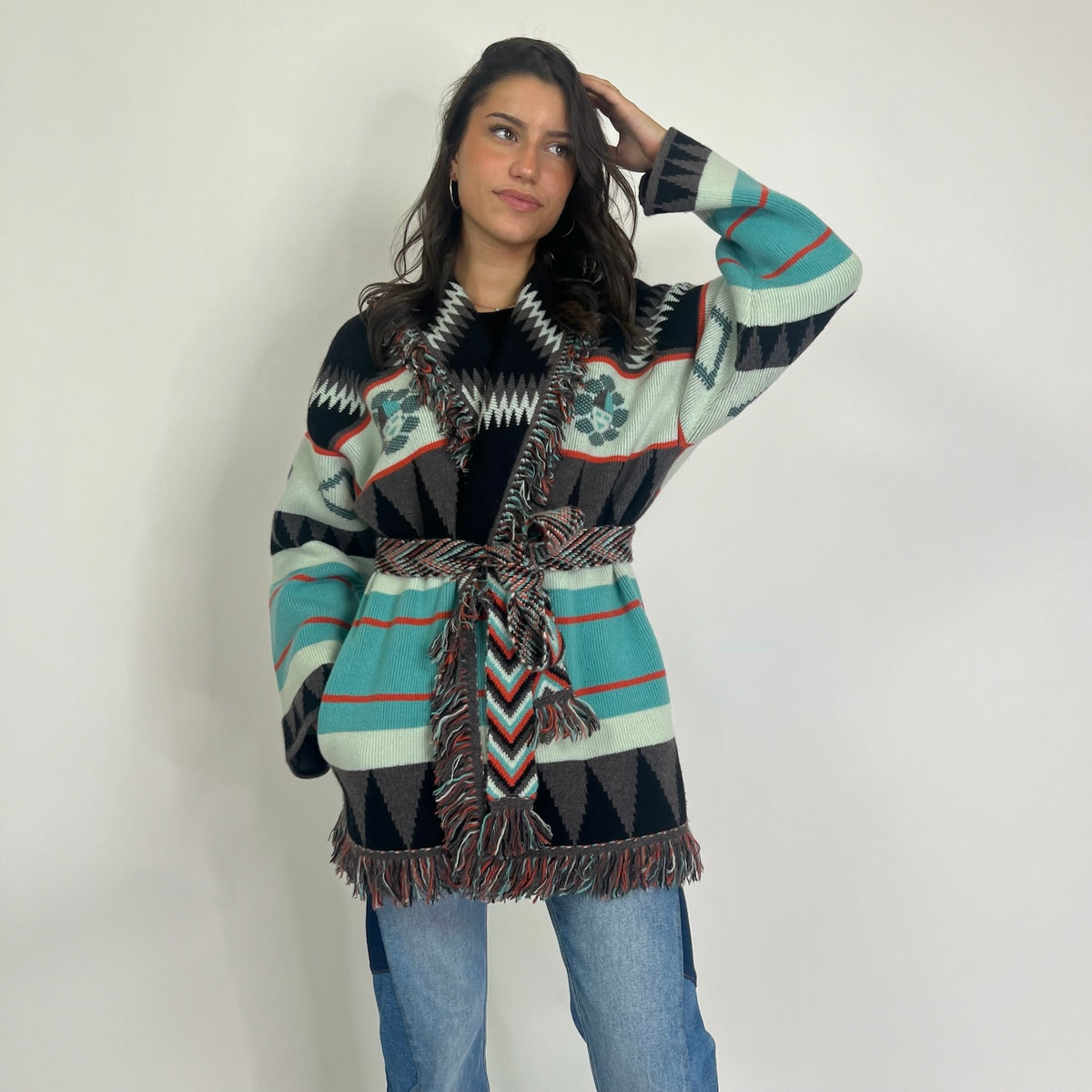 ALANUI Cardigan New Icon in cashmere toni turchese nero e arancio