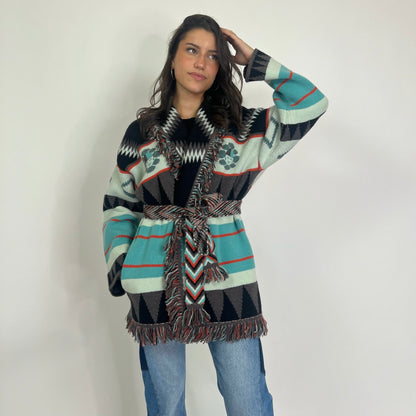 ALANUI Cardigan New Icon in cashmere toni turchese nero e arancio