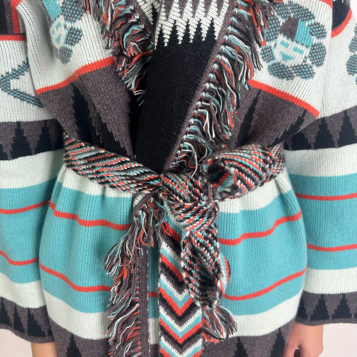 ALANUI Cardigan New Icon in cashmere toni turchese nero e arancio