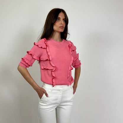 VALENTINO Maglia rosa manica corta con rush con profilo rosso