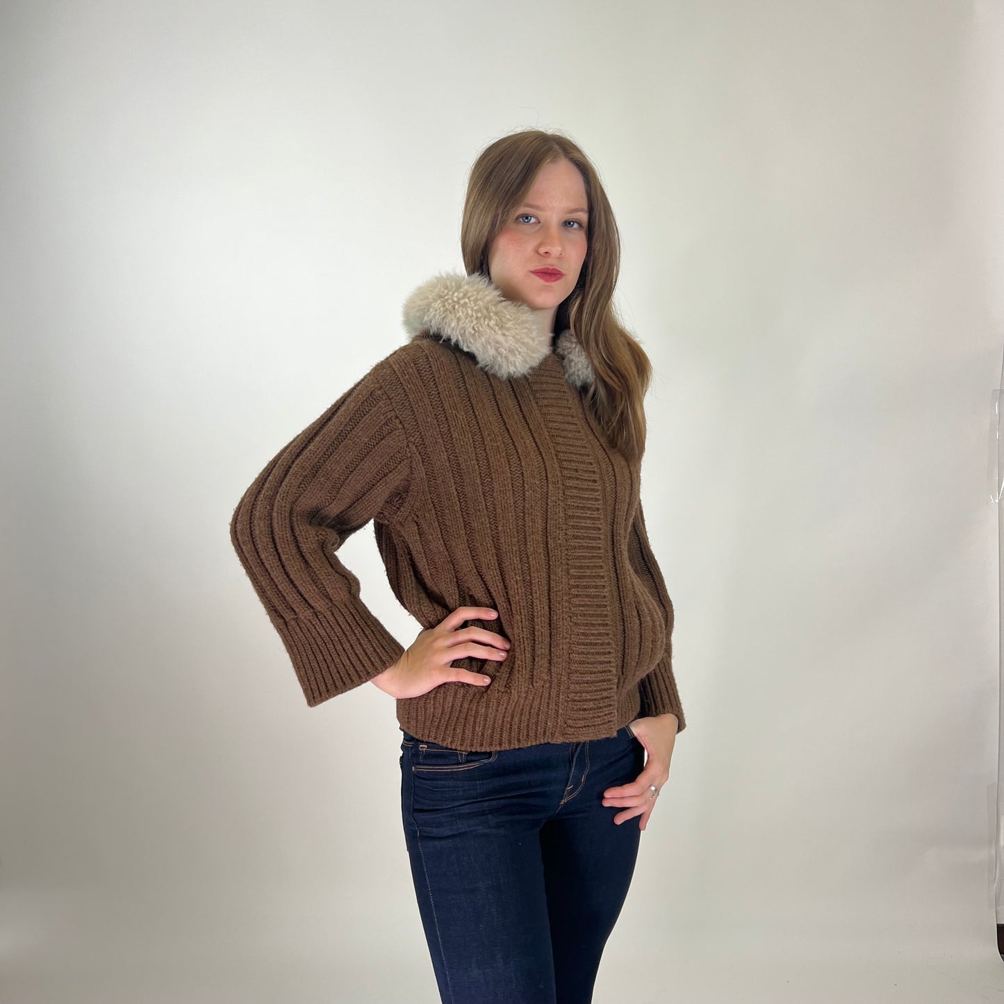 GUCCI Giubbino a coste marrone con collo in alpaca