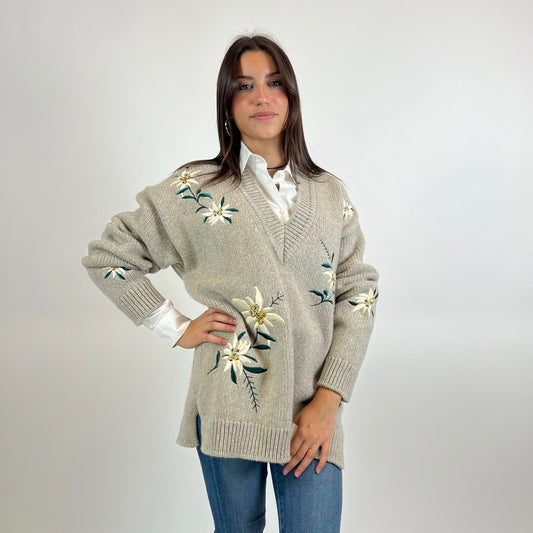 BALLY Maxi pull in cashmere con ricami stelle alpine