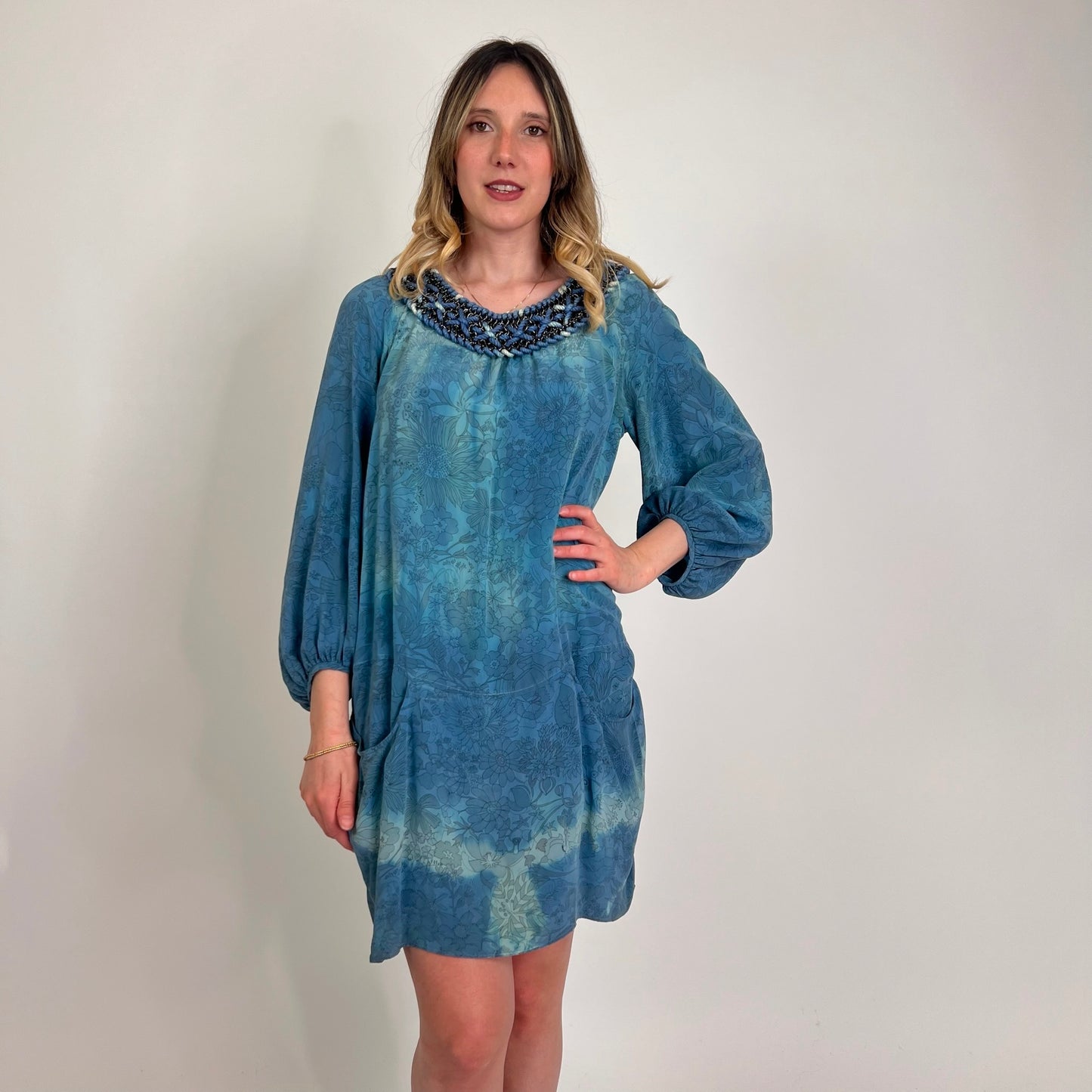 BALMAIN Abito in seta sfumato azzurro
