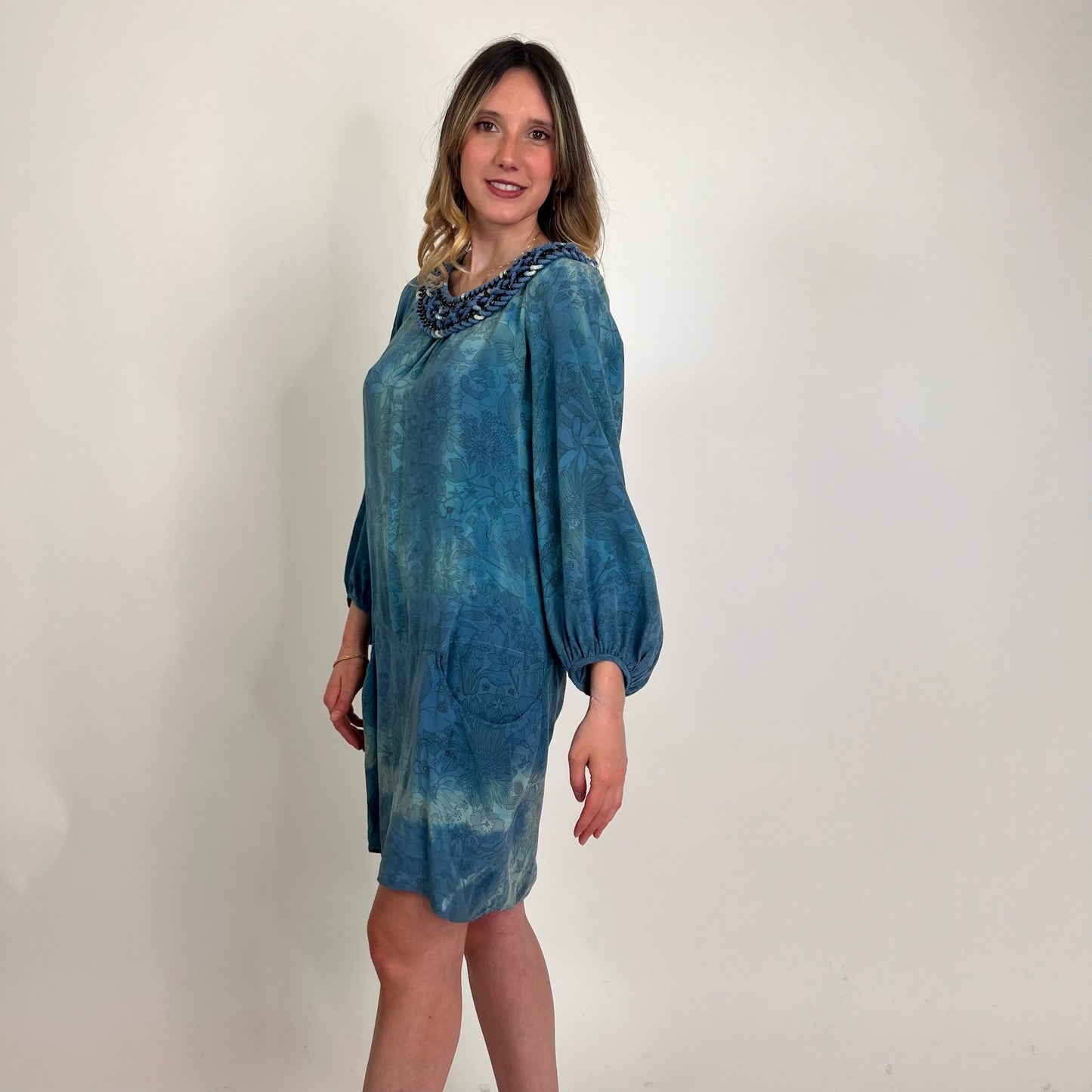 BALMAIN Abito in seta sfumato azzurro