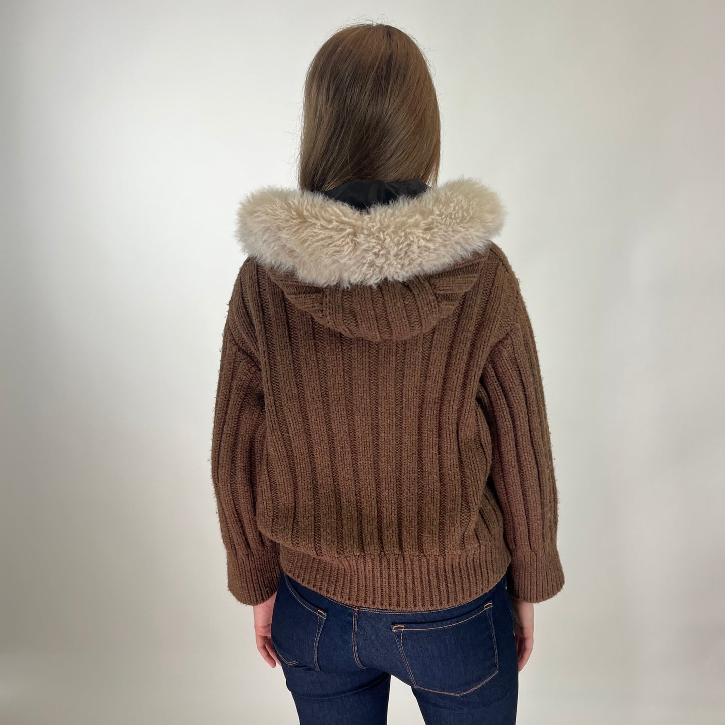 GUCCI Giubbino a coste marrone con collo in alpaca