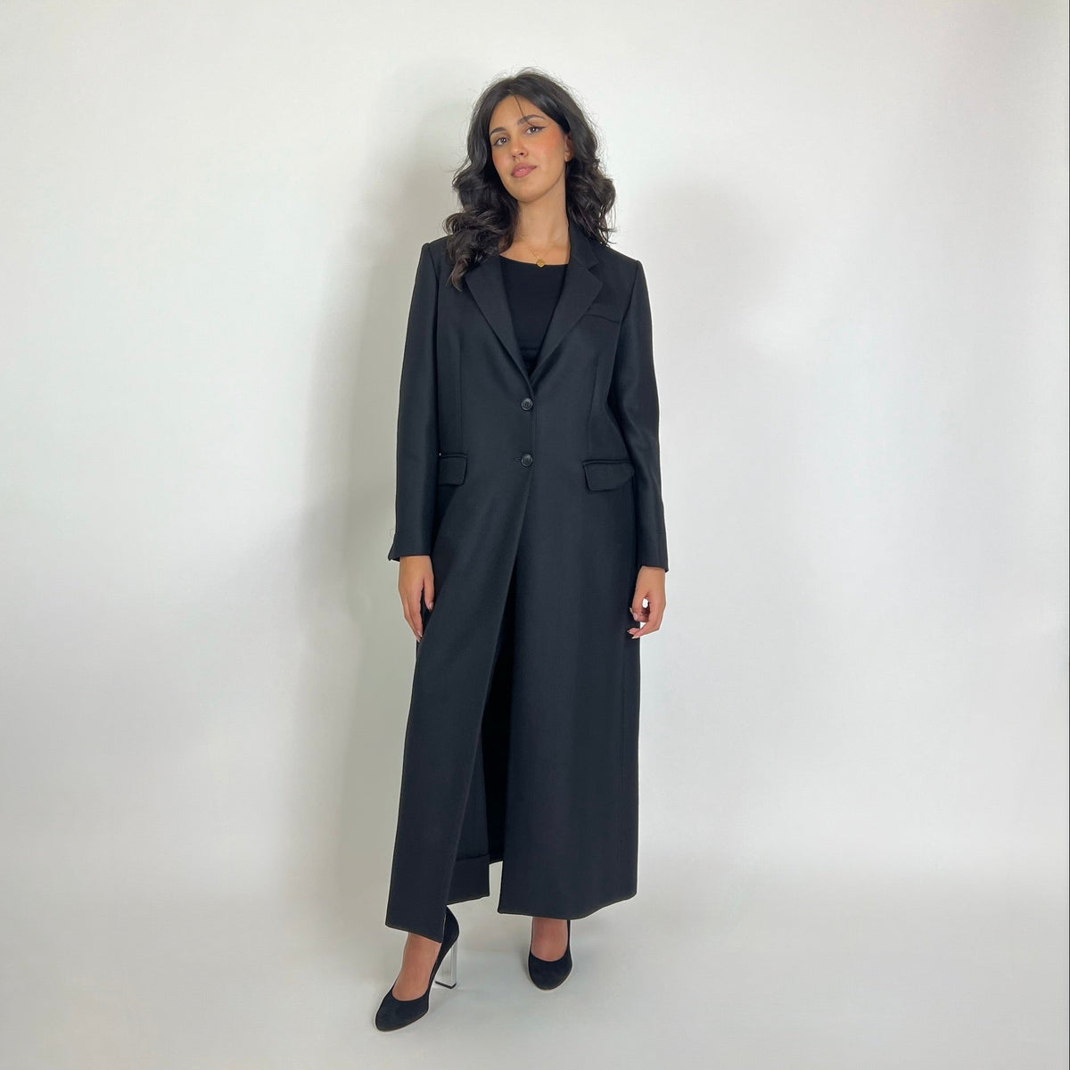 BLACK BRAND Cappotto lungo nero in lane miste con spacco profondo