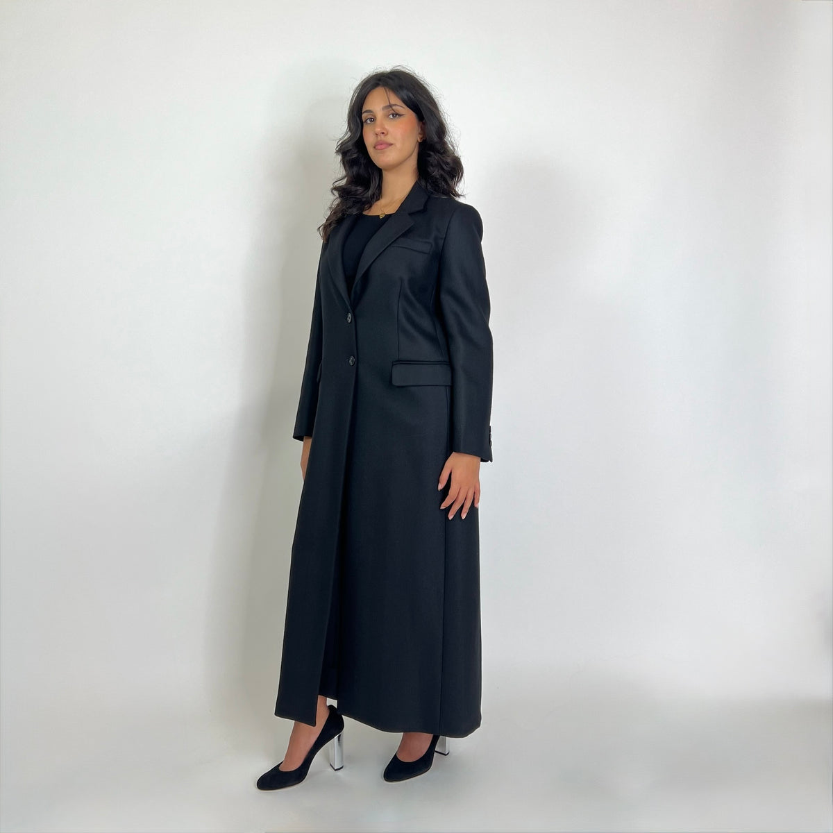 BLACK BRAND Cappotto lungo nero in lane miste con spacco profondo