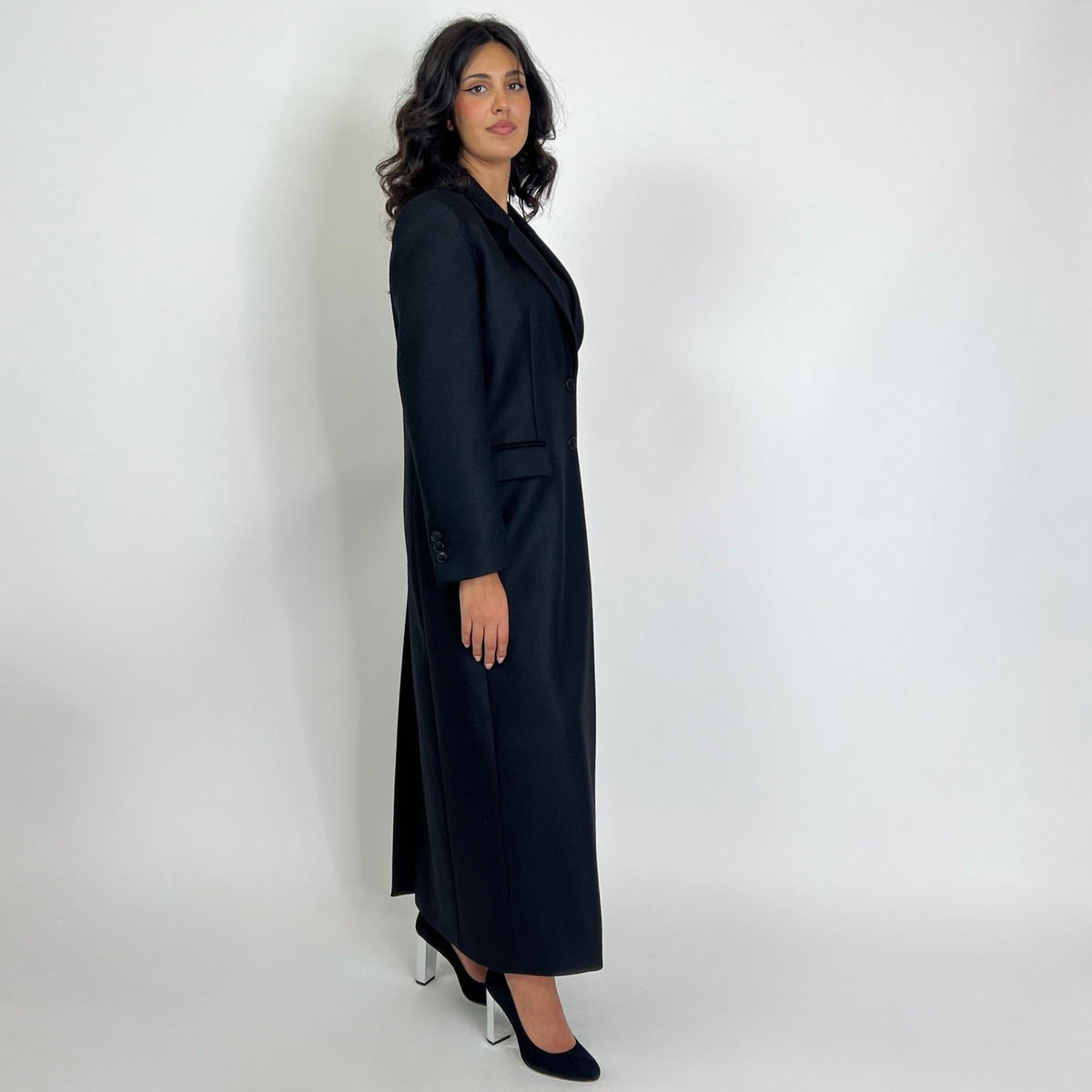 BLACK BRAND Cappotto lungo nero in lane miste con spacco profondo