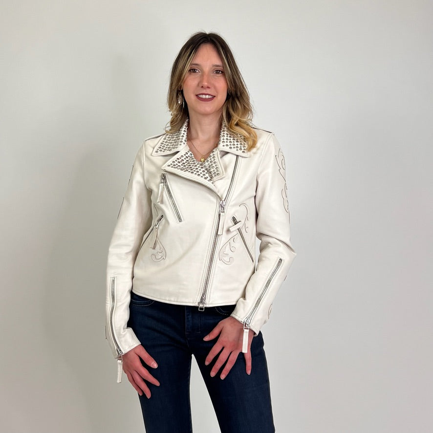 BLAUER Giacca in pelle bianca con borchie e ricami 