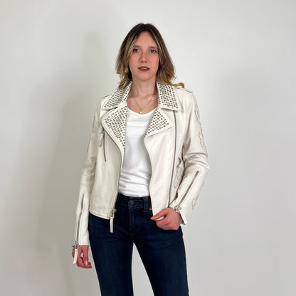 BLAUER Giacca in pelle bianca con borchie e ricami 