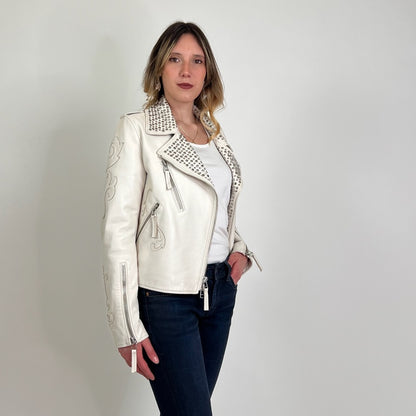 BLAUER Giacca in pelle bianca con borchie e ricami 