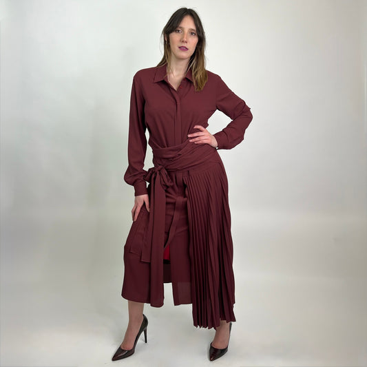 BOSS Abito lungo borgogna dettagli plissè