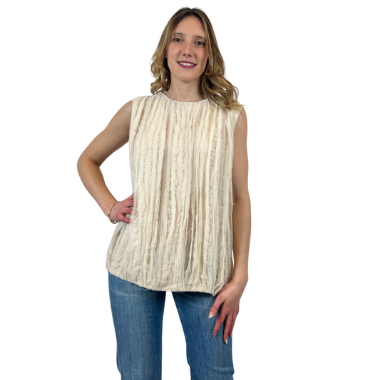 BRUNELLO CUCINELLI Top in seta crema con voile davanti