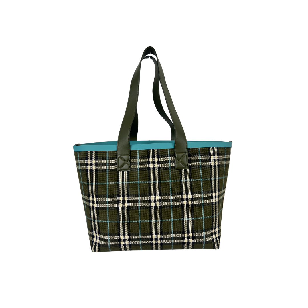 BURBERRY Borsa shopping grande in tessuto check verde