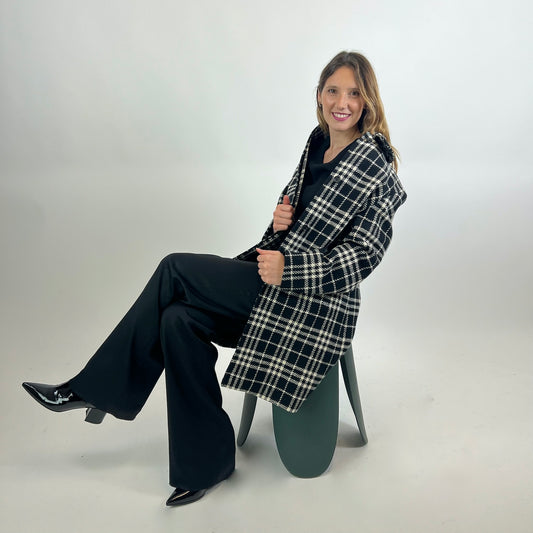 BURBERRY Cappotto in lana check nero e bianco