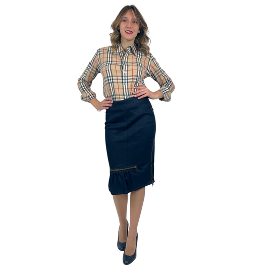 BURBERRY Gonna tubino in jeans con volant