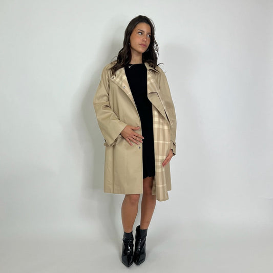 BURBERRY Trench impermeabile lungo cotone beige e fodera check chiara