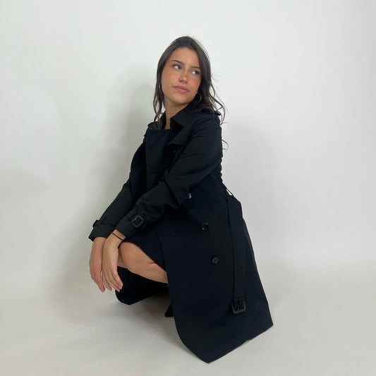 BURBERRY Trench lungo in cotone nero con interno fodera check classico