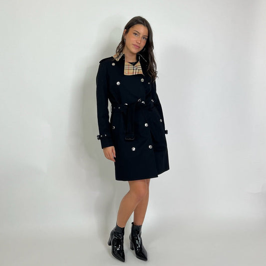 BURBERRY Trench lungo in cotone nero fodera interna check